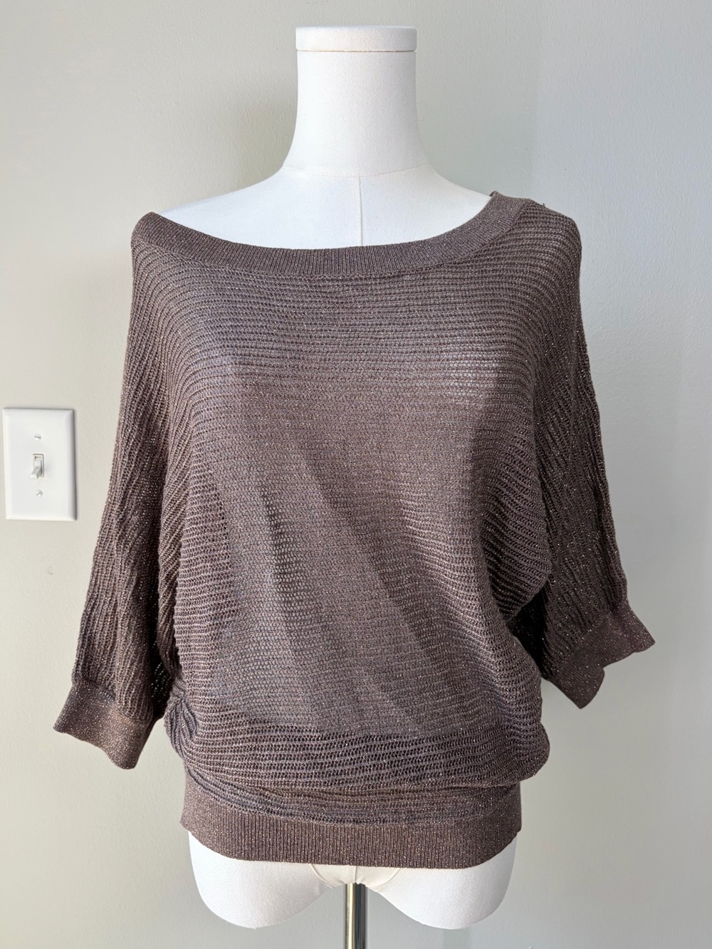 Express Brown Metallic Knit Dolman Sleeve Slouchy Wide Neck Sweater Top